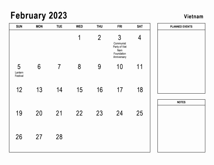 February 2023 Printable Monthly Calendar with Vietnam Holidays