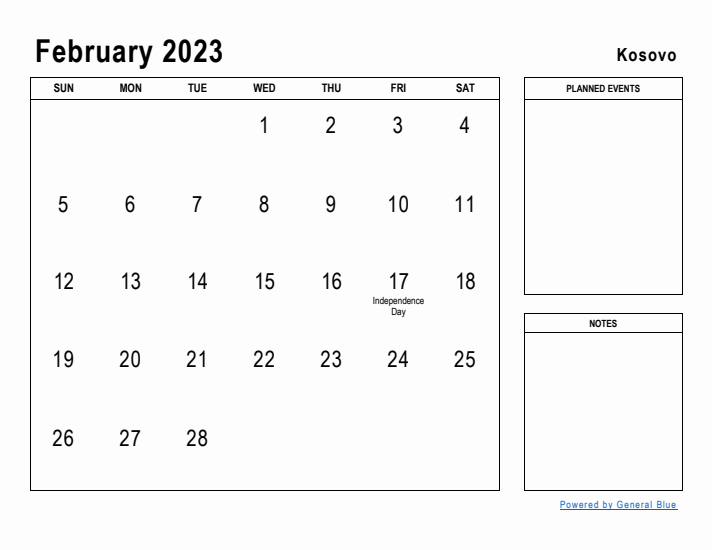 February 2023 Printable Monthly Calendar with Kosovo Holidays