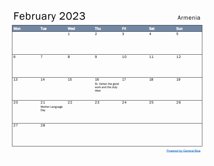 February 2023 Simple Monthly Calendar for Armenia