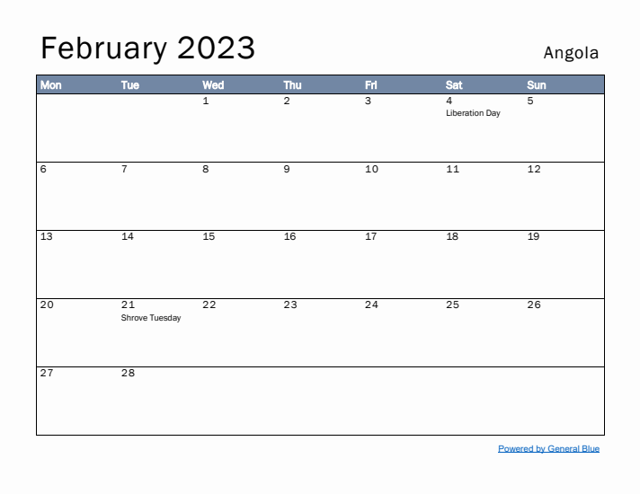 February 2023 Simple Monthly Calendar for Angola