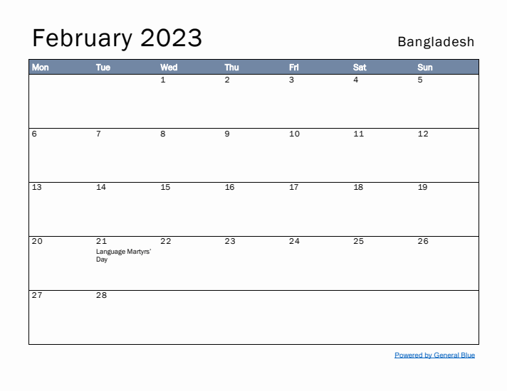 February 2023 Simple Monthly Calendar for Bangladesh