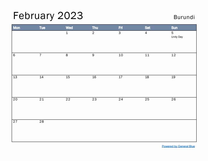 February 2023 Simple Monthly Calendar for Burundi