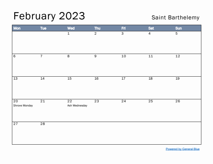 February 2023 Simple Monthly Calendar for Saint Barthelemy