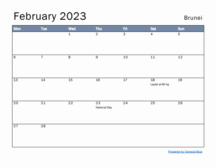 February 2023 Simple Monthly Calendar for Brunei