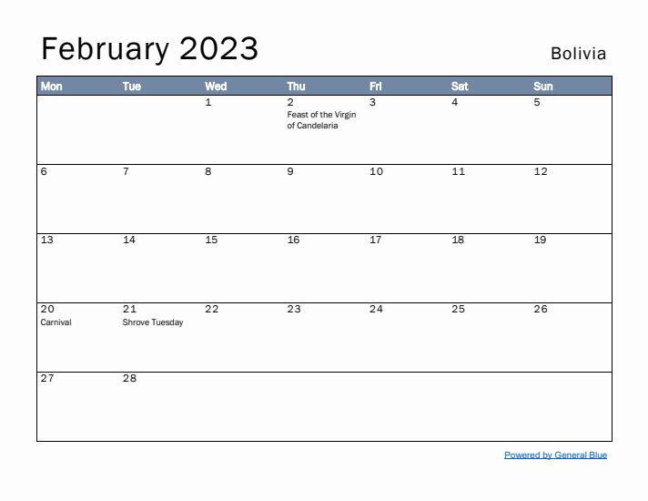 February 2023 Simple Monthly Calendar for Bolivia