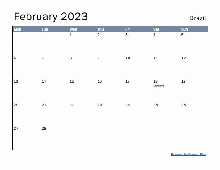 February 2023 Simple Monthly Calendar for Brazil