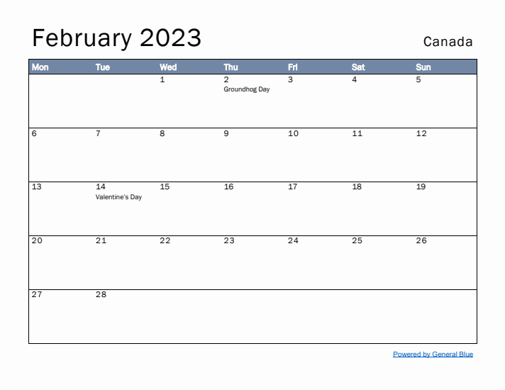 February 2023 Simple Monthly Calendar for Canada