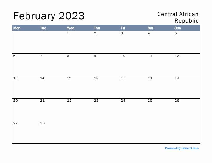 February 2023 Simple Monthly Calendar for Central African Republic