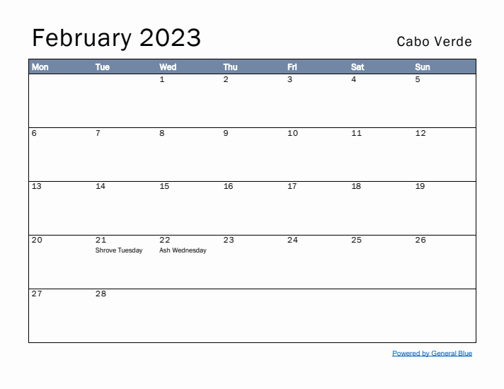 February 2023 Simple Monthly Calendar for Cabo Verde