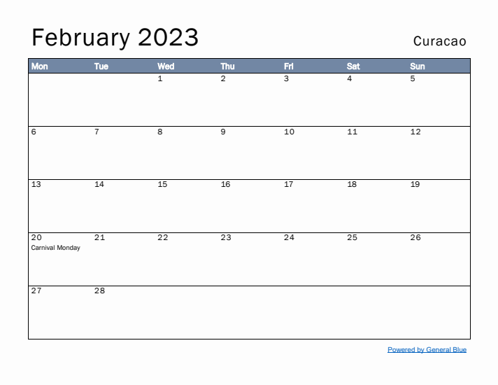 February 2023 Simple Monthly Calendar for Curacao