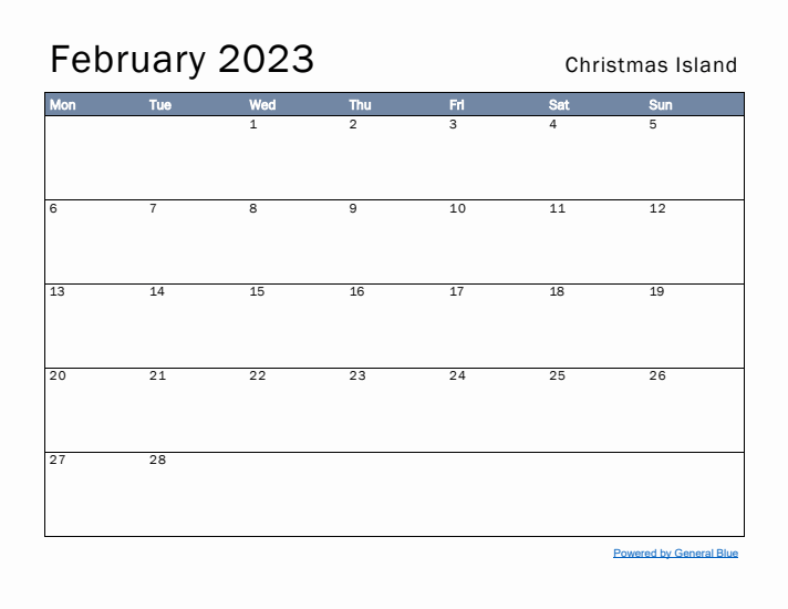 February 2023 Simple Monthly Calendar for Christmas Island