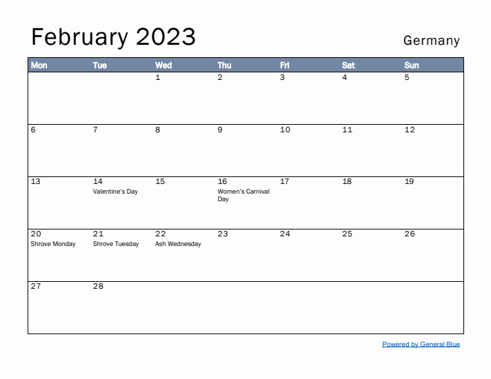 February 2023 Simple Monthly Calendar for Germany