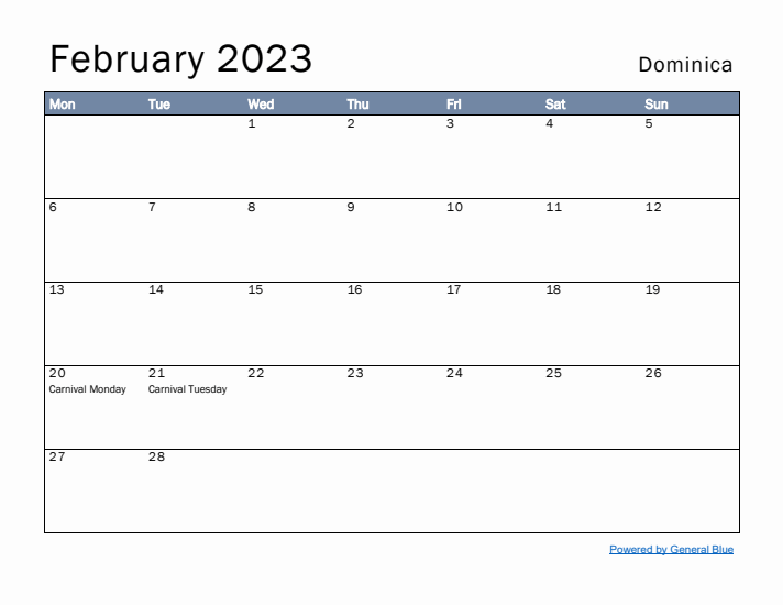 February 2023 Simple Monthly Calendar for Dominica