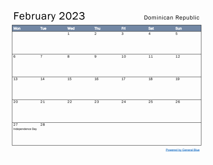 February 2023 Simple Monthly Calendar for Dominican Republic