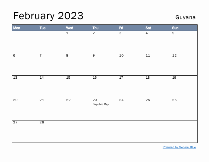 February 2023 Simple Monthly Calendar for Guyana