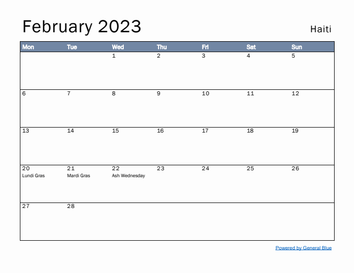 February 2023 Simple Monthly Calendar for Haiti