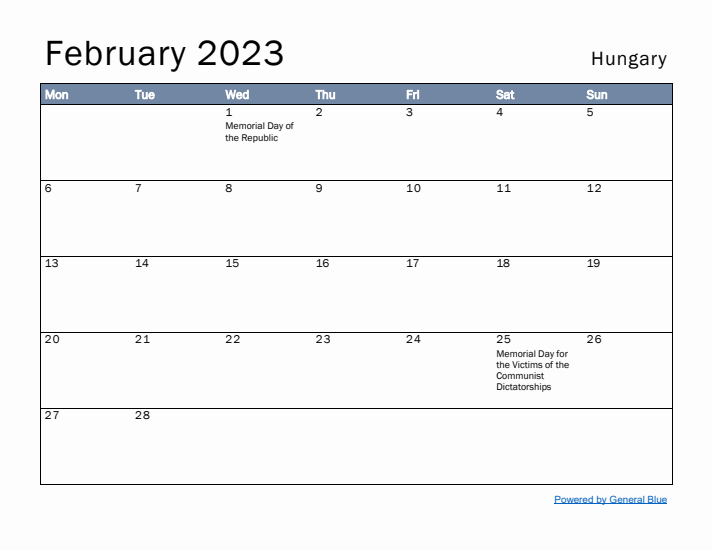 February 2023 Simple Monthly Calendar for Hungary