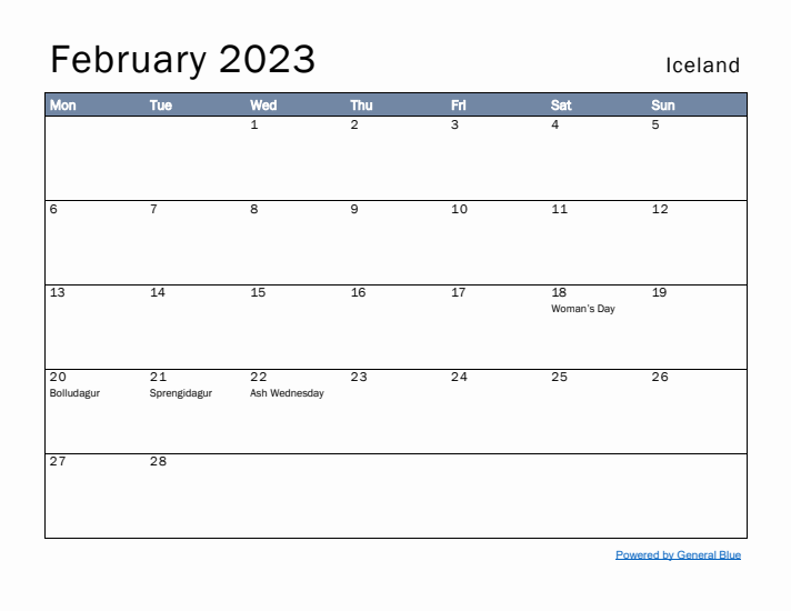 February 2023 Simple Monthly Calendar for Iceland