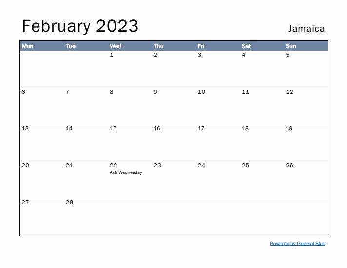 February 2023 Simple Monthly Calendar for Jamaica