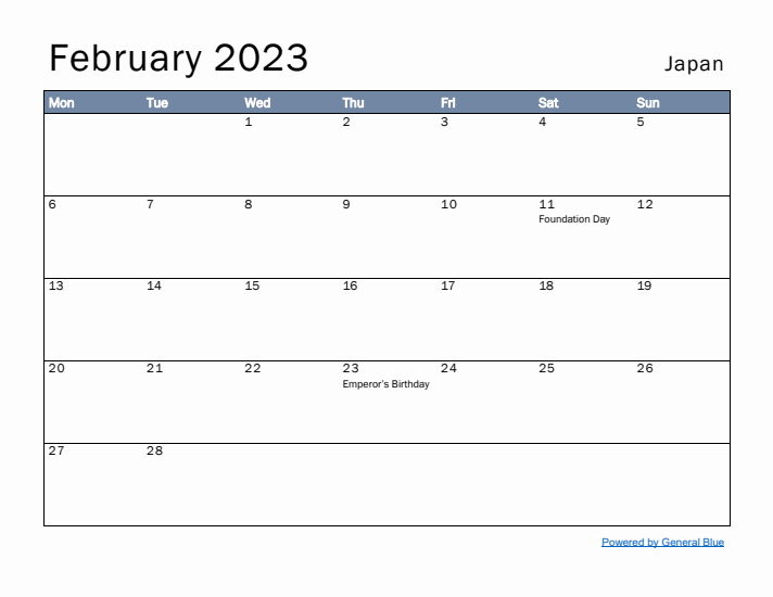 February 2023 Simple Monthly Calendar for Japan