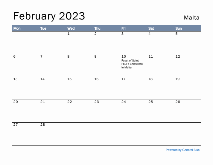 February 2023 Simple Monthly Calendar for Malta