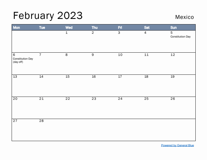 February 2023 Simple Monthly Calendar for Mexico