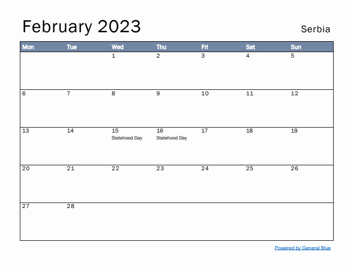 February 2023 Simple Monthly Calendar for Serbia