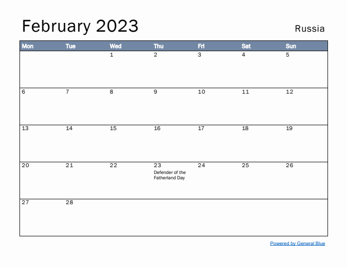 February 2023 Simple Monthly Calendar for Russia