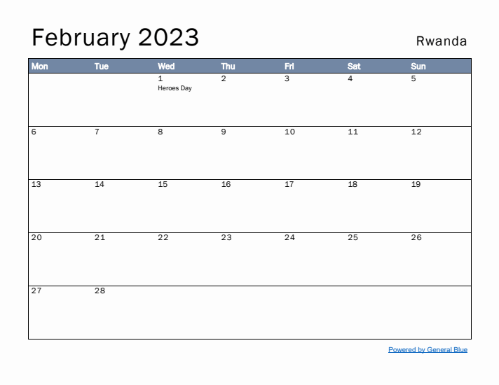 February 2023 Simple Monthly Calendar for Rwanda