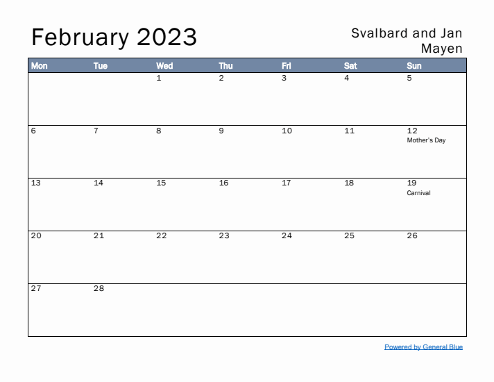 February 2023 Simple Monthly Calendar for Svalbard and Jan Mayen