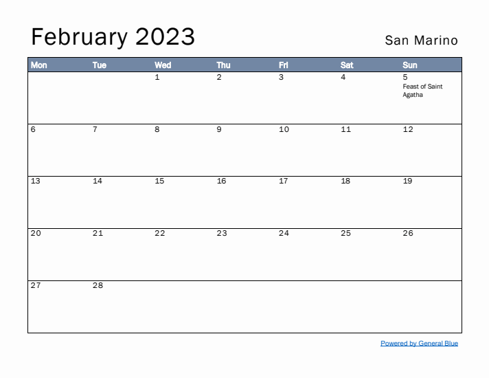 February 2023 Simple Monthly Calendar for San Marino