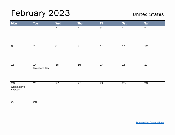 February 2023 Simple Monthly Calendar for United States