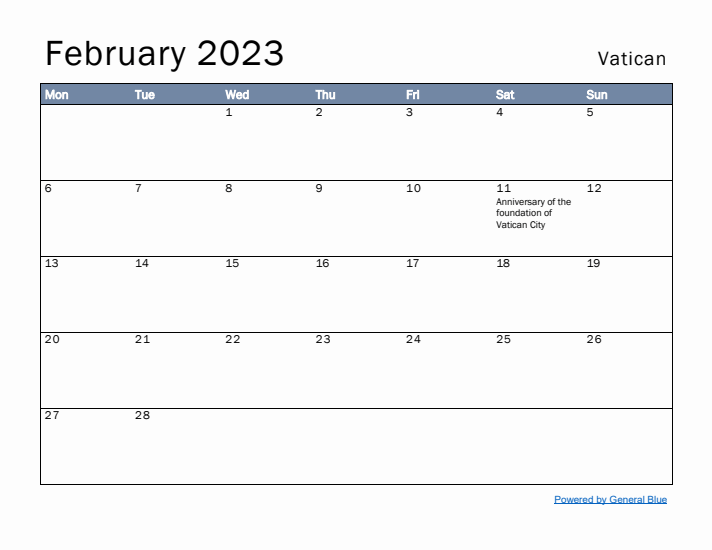 February 2023 Simple Monthly Calendar for Vatican