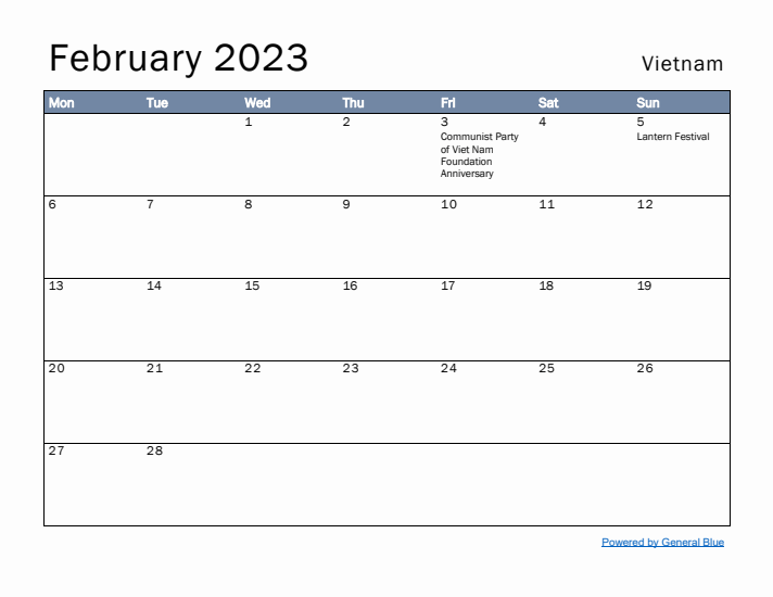 February 2023 Simple Monthly Calendar for Vietnam