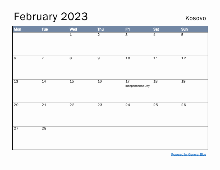 February 2023 Simple Monthly Calendar for Kosovo