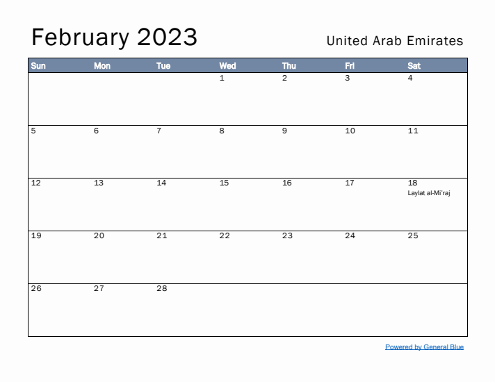 February 2023 Simple Monthly Calendar for United Arab Emirates