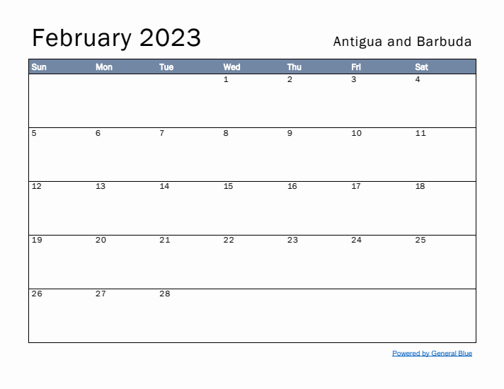 February 2023 Simple Monthly Calendar for Antigua and Barbuda