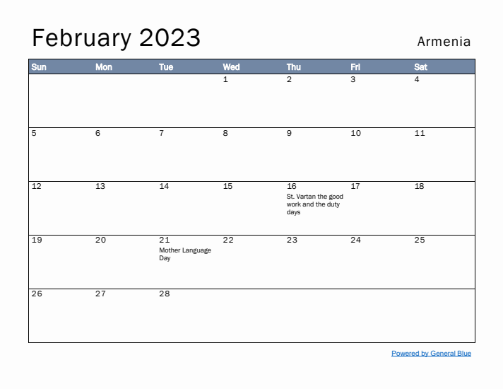 February 2023 Simple Monthly Calendar for Armenia