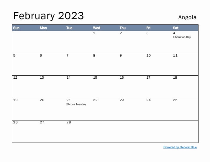 February 2023 Simple Monthly Calendar for Angola