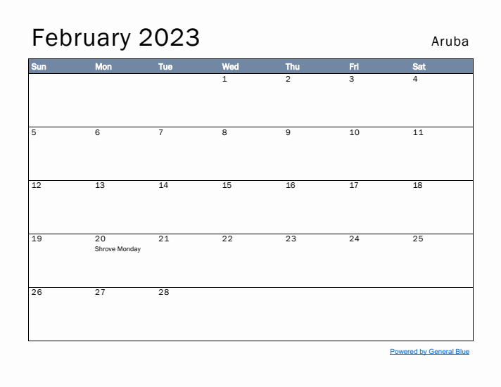 February 2023 Simple Monthly Calendar for Aruba