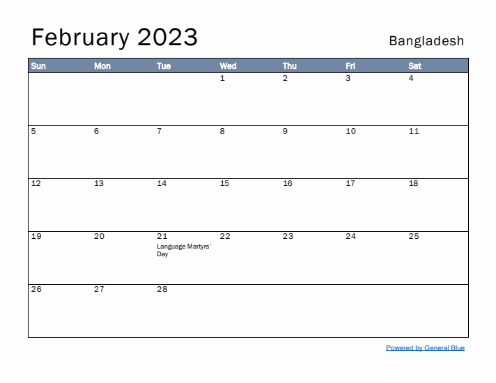 February 2023 Simple Monthly Calendar for Bangladesh