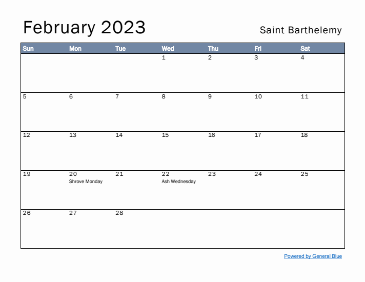 February 2023 Simple Monthly Calendar for Saint Barthelemy