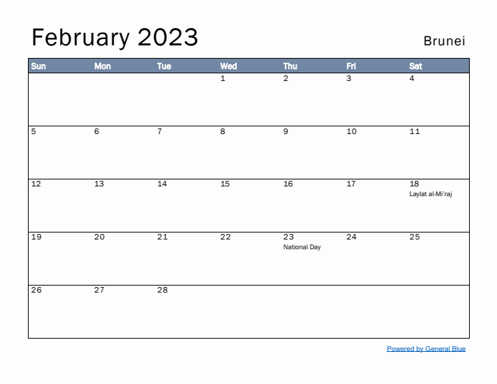 February 2023 Simple Monthly Calendar for Brunei