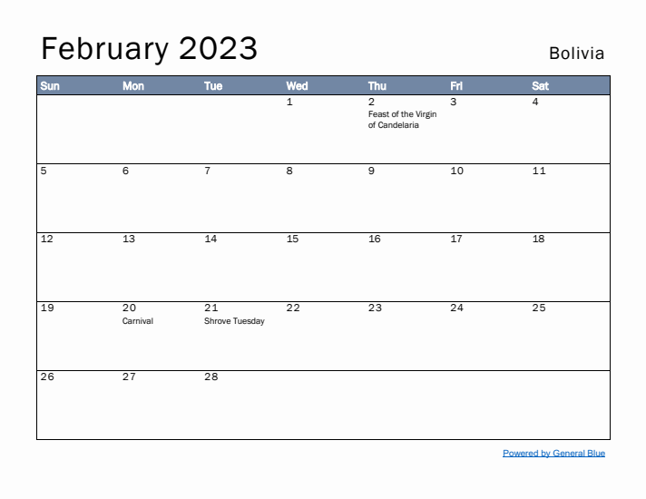 February 2023 Simple Monthly Calendar for Bolivia