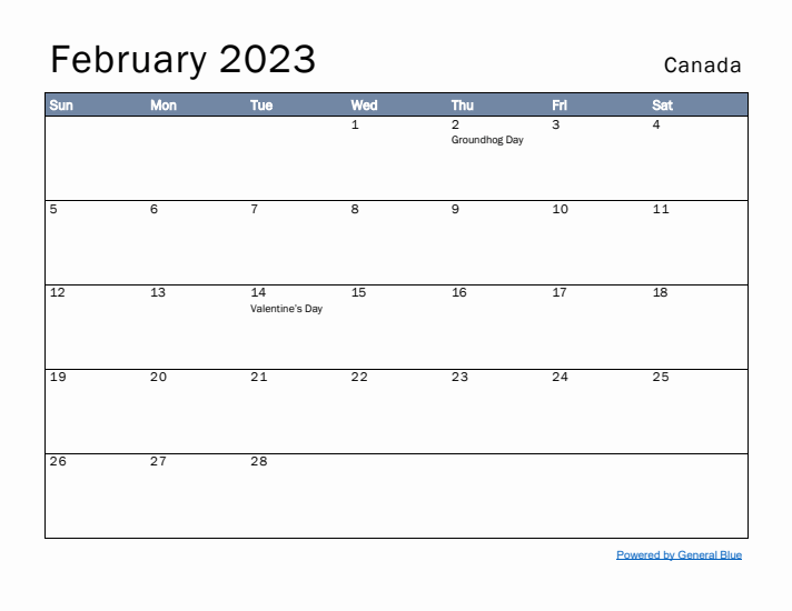 February 2023 Simple Monthly Calendar for Canada