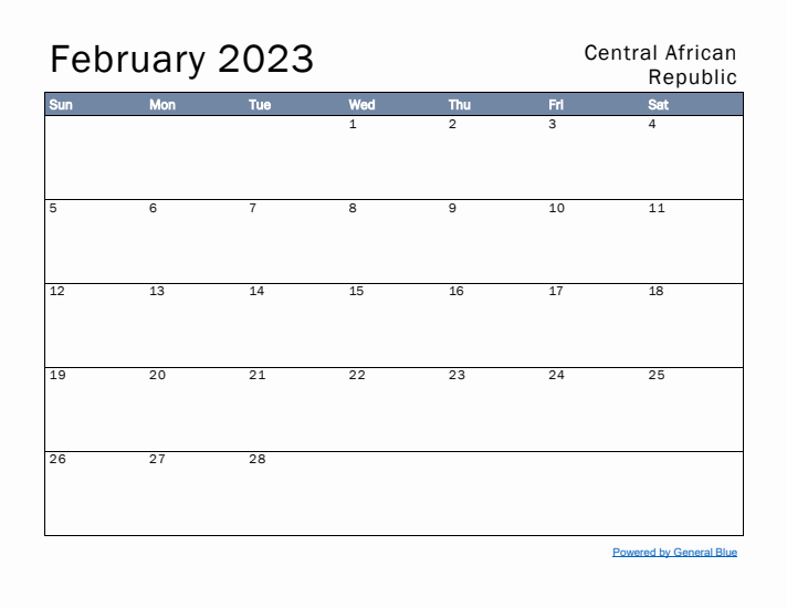 February 2023 Simple Monthly Calendar for Central African Republic