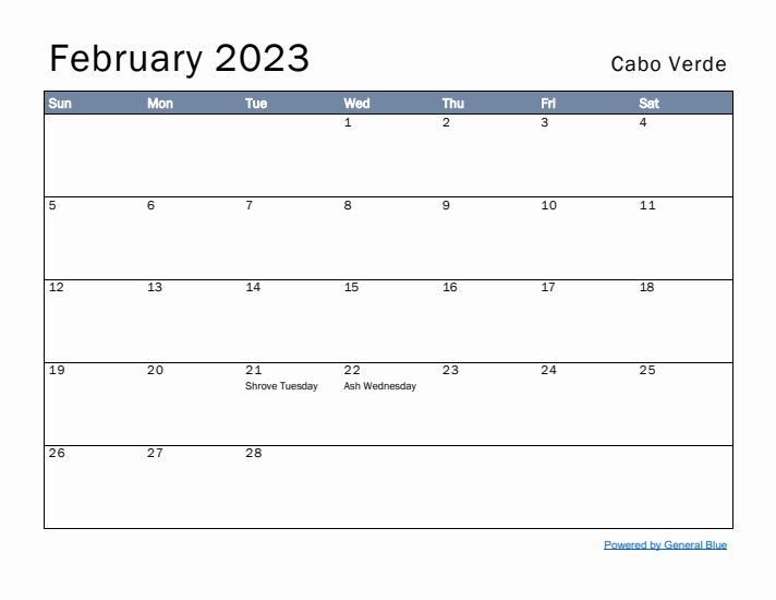 February 2023 Simple Monthly Calendar for Cabo Verde