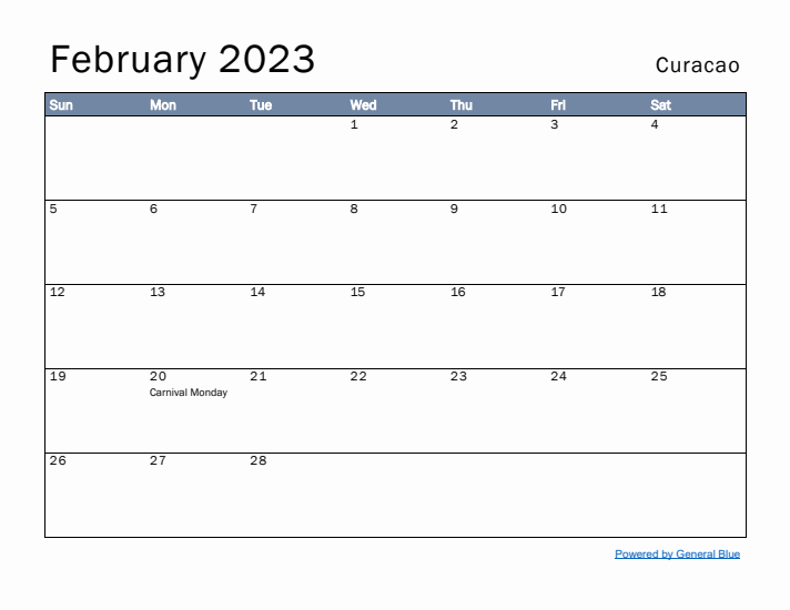 February 2023 Simple Monthly Calendar for Curacao