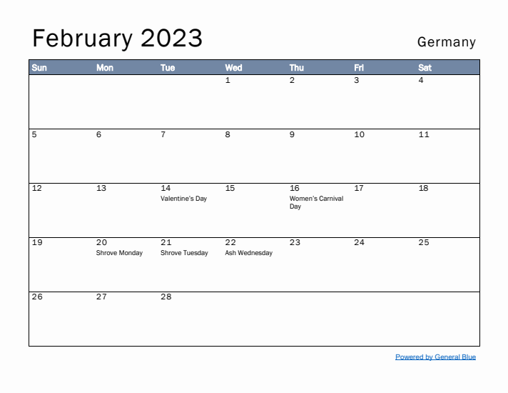 February 2023 Simple Monthly Calendar for Germany