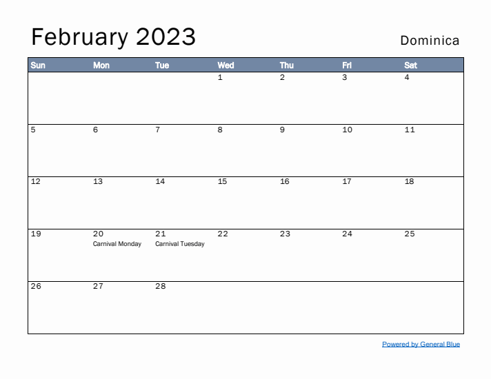 February 2023 Simple Monthly Calendar for Dominica